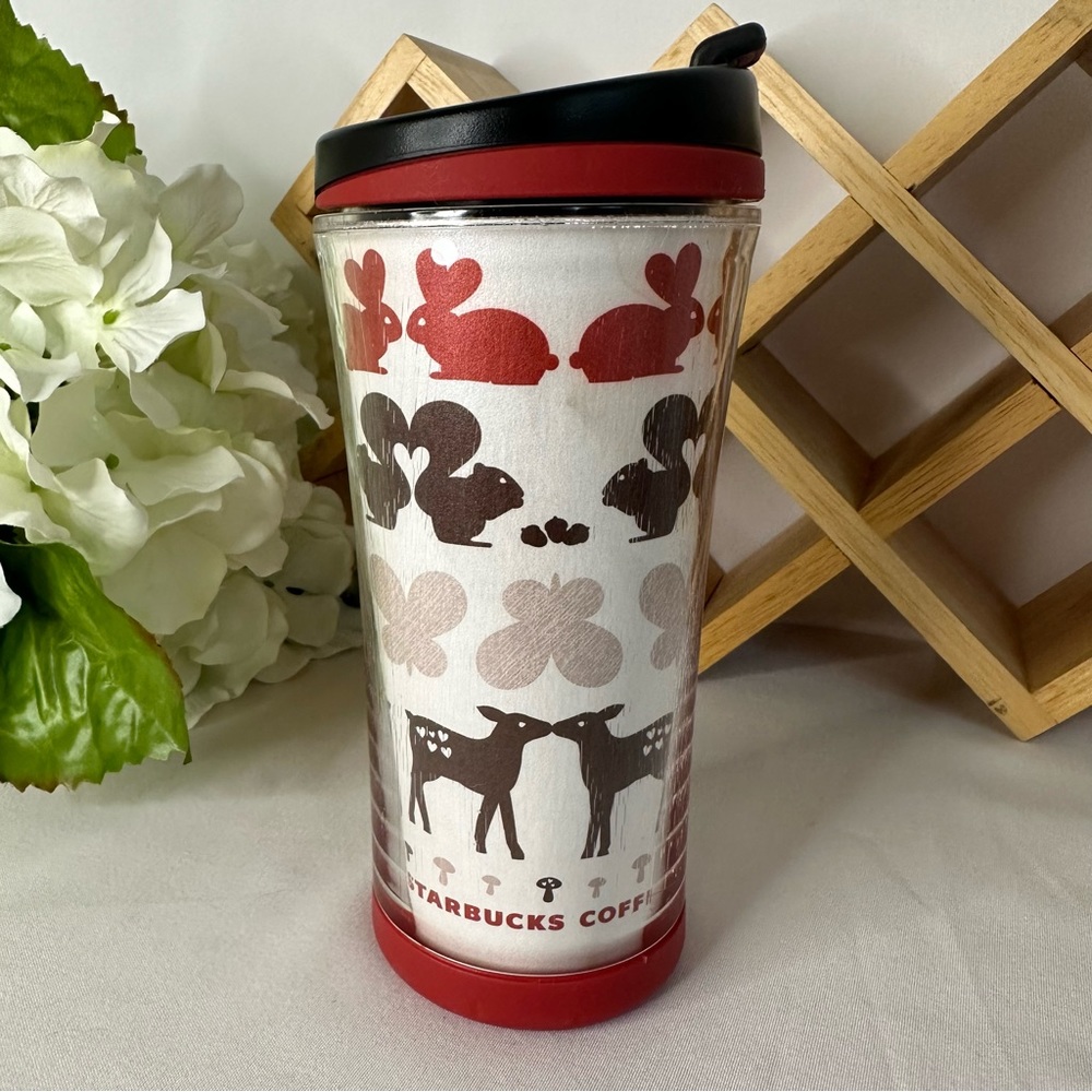 Starbucks 2009 Woodland Animals/Hearts Brown Red Acrylic Mini Travel Mug 8 oz.